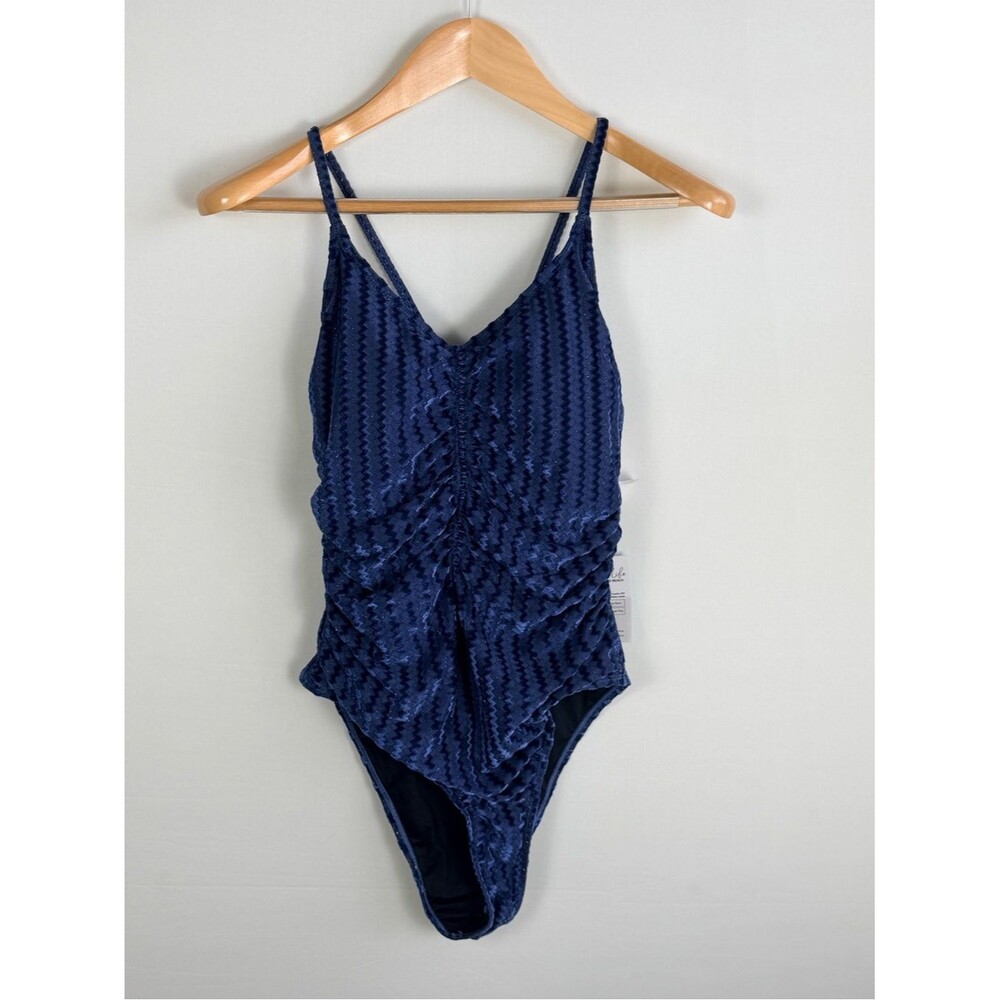 Cupshe Velvet Ruched V-Neck One Piece Swimsuit Navy Blue Large NWT